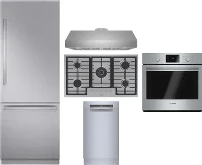 5 Piece Package Includes Refrigerator, Cooktop, Wall Oven, Hood And Dishwasher