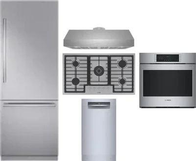 5 Piece Package Includes Refrigerator, Cooktop, Wall Oven, Hood And Dishwasher