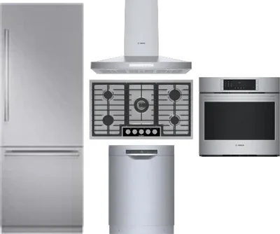 5 Piece Package Includes Refrigerator, Cooktop, Wall Oven, Hood And Dishwasher