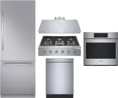 5 Piece Package Includes Refrigerator, Cooktop, Wall Oven, Hood And Dishwasher