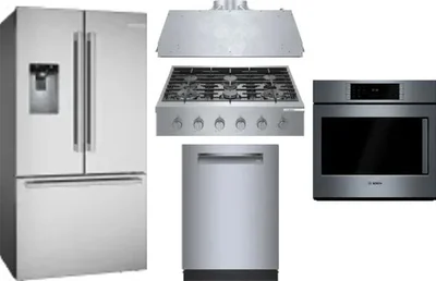 5 Piece Package Includes Refrigerator, Cooktop, Wall Oven, Hood And Dishwasher