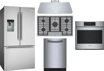 5 Piece Package Includes Refrigerator, Cooktop, Wall Oven, Hood And Dishwasher