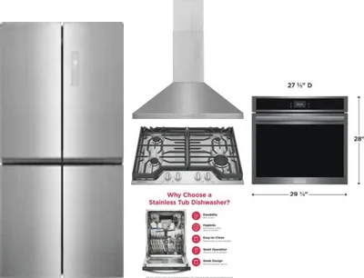 5 Piece Package Includes Refrigerator, Cooktop, Wall Oven, Hood And Dishwasher
