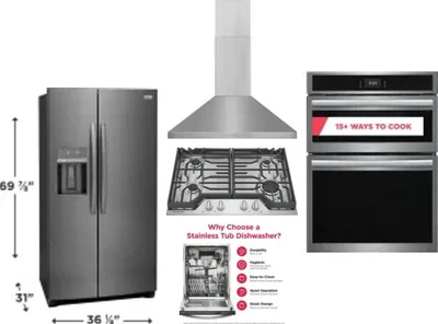 5 Piece Package Includes Refrigerator, Cooktop, Wall Oven, Hood And Dishwasher