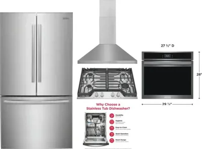5 Piece Package Includes Refrigerator, Cooktop, Wall Oven, Hood And Dishwasher