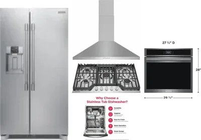 5 Piece Package Includes Refrigerator, Cooktop, Wall Oven, Hood And Dishwasher