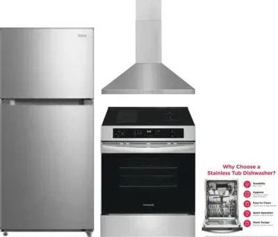 4 Piece Package Includes Refrigerator, Range, Hood And Dishwasher