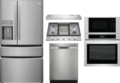 5 Piece Package Includes Refrigerator, Cooktop, Wall Oven, Hood And Dishwasher
