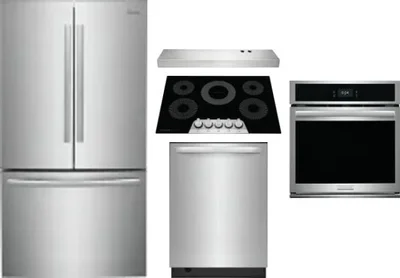 5 Piece Package Includes Refrigerator, Cooktop, Wall Oven, Hood And Dishwasher