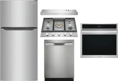5 Piece Package Includes Refrigerator, Cooktop, Wall Oven, Hood And Dishwasher