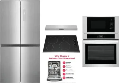 5 Piece Package Includes Refrigerator, Cooktop, Wall Oven, Hood And Dishwasher