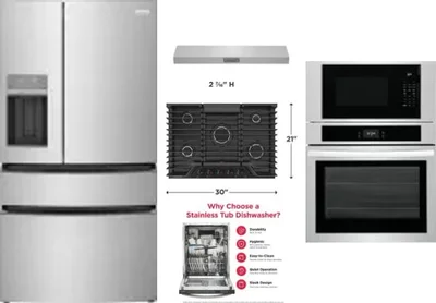 5 Piece Package Includes Refrigerator, Cooktop, Wall Oven, Hood And Dishwasher
