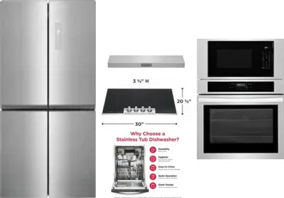 5 Piece Package Includes Refrigerator, Cooktop, Wall Oven, Hood And Dishwasher