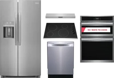 5 Piece Package Includes Refrigerator, Cooktop, Wall Oven, Hood And Dishwasher