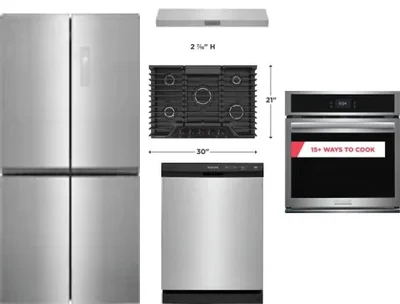 5 Piece Package Includes Refrigerator, Cooktop, Wall Oven, Hood And Dishwasher