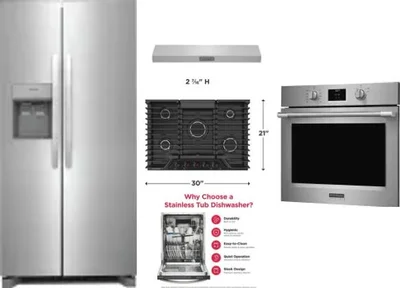 5 Piece Package Includes Refrigerator, Cooktop, Wall Oven, Hood And Dishwasher