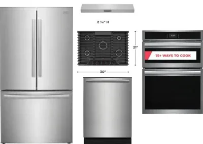 5 Piece Package Includes Refrigerator, Cooktop, Wall Oven, Hood And Dishwasher