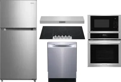 5 Piece Package Includes Refrigerator, Cooktop, Wall Oven, Hood And Dishwasher