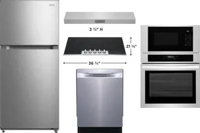 5 Piece Package Includes Refrigerator, Cooktop, Wall Oven, Hood And Dishwasher