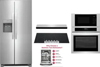 5 Piece Package Includes Refrigerator, Cooktop, Wall Oven, Hood And Dishwasher