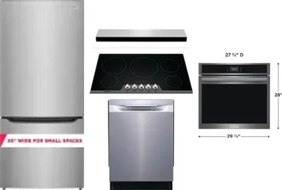 5 Piece Package Includes Refrigerator, Cooktop, Wall Oven, Hood And Dishwasher