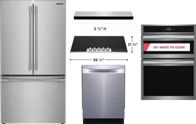 5 Piece Package Includes Refrigerator, Cooktop, Wall Oven, Hood And Dishwasher