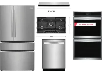 5 Piece Package Includes Refrigerator, Cooktop, Wall Oven, Hood And Dishwasher