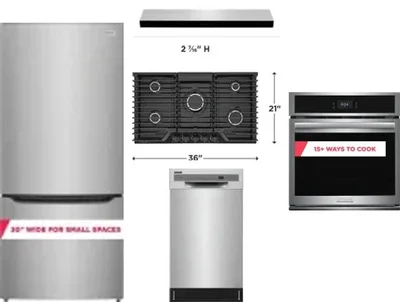 5 Piece Package Includes Refrigerator, Cooktop, Wall Oven, Hood And Dishwasher