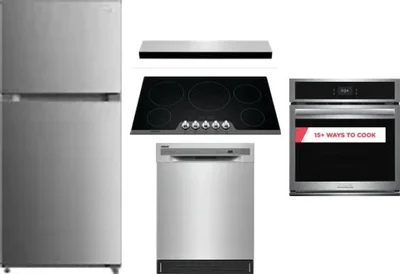 5 Piece Package Includes Refrigerator, Cooktop, Wall Oven, Hood And Dishwasher