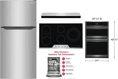 5 Piece Package Includes Refrigerator, Cooktop, Wall Oven, Hood And Dishwasher