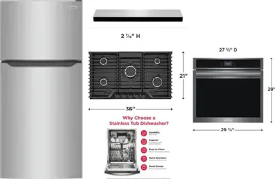 5 Piece Package Includes Refrigerator, Cooktop, Wall Oven, Hood And Dishwasher