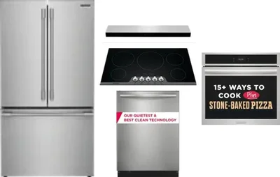 5 Piece Package Includes Refrigerator, Cooktop, Wall Oven, Hood And Dishwasher