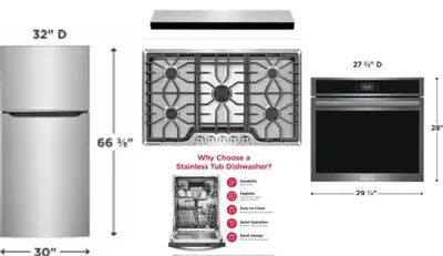 5 Piece Package Includes Refrigerator, Cooktop, Wall Oven, Hood And Dishwasher