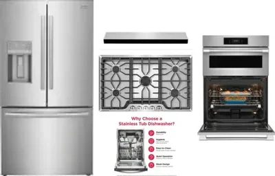 5 Piece Package Includes Refrigerator, Cooktop, Wall Oven, Hood And Dishwasher