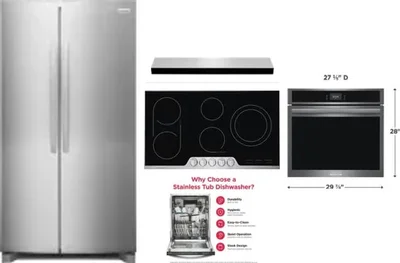 5 Piece Package Includes Refrigerator, Cooktop, Wall Oven, Hood And Dishwasher