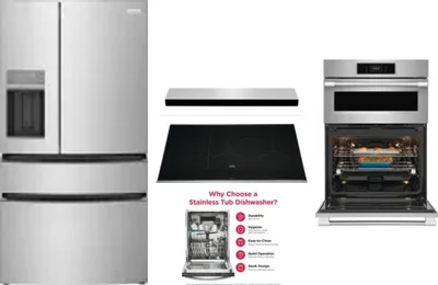 5 Piece Package Includes Refrigerator, Cooktop, Wall Oven, Hood And Dishwasher