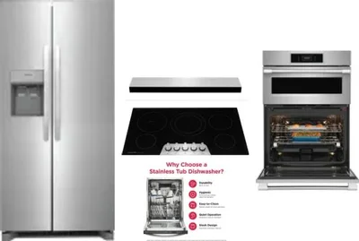 5 Piece Package Includes Refrigerator, Cooktop, Wall Oven, Hood And Dishwasher