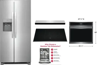 5 Piece Package Includes Refrigerator, Cooktop, Wall Oven, Hood And Dishwasher