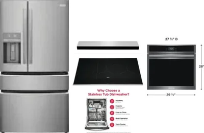 5 Piece Package Includes Refrigerator, Cooktop, Wall Oven, Hood And Dishwasher