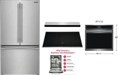 5 Piece Package Includes Refrigerator, Cooktop, Wall Oven, Hood And Dishwasher