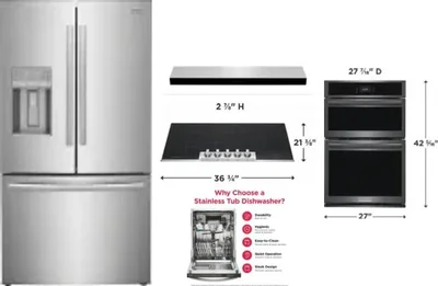 5 Piece Package Includes Refrigerator, Cooktop, Wall Oven, Hood And Dishwasher