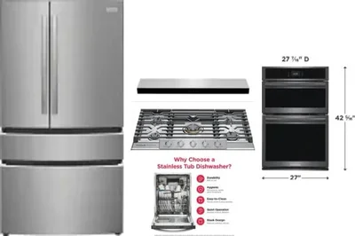 5 Piece Package Includes Refrigerator, Cooktop, Wall Oven, Hood And Dishwasher