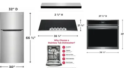 5 Piece Package Includes Refrigerator, Cooktop, Wall Oven, Hood And Dishwasher