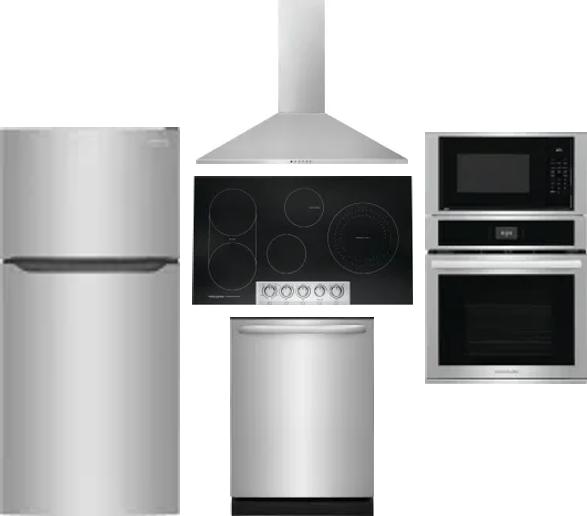 5 Piece Package Includes Refrigerator, Cooktop, Wall Oven, Hood And Dishwasher
