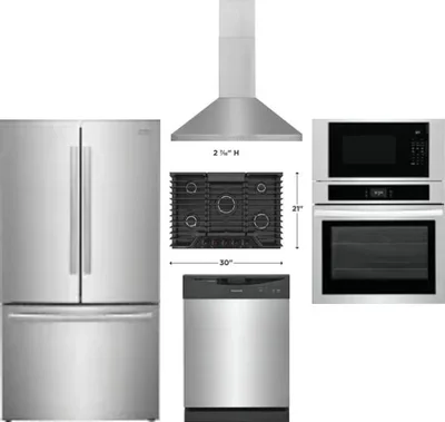 5 Piece Package Includes Refrigerator, Cooktop, Wall Oven, Hood And Dishwasher