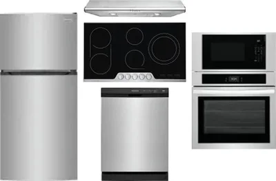 5 Piece Package Includes Refrigerator, Cooktop, Wall Oven, Hood And Dishwasher