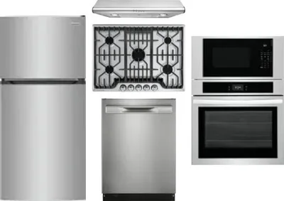 5 Piece Package Includes Refrigerator, Cooktop, Wall Oven, Hood And Dishwasher