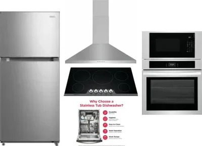 5 Piece Package Includes Refrigerator, Cooktop, Wall Oven, Hood And Dishwasher