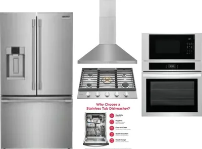 5 Piece Package Includes Refrigerator, Cooktop, Wall Oven, Hood And Dishwasher