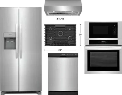 5 Piece Package Includes Refrigerator, Cooktop, Wall Oven, Hood And Dishwasher